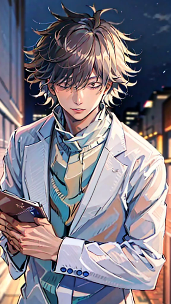 (Masterpiece), (Best Quality), (ultra detailed),(messy hair),(illustration), Satoru Gojo at an event in an elegant white suit 