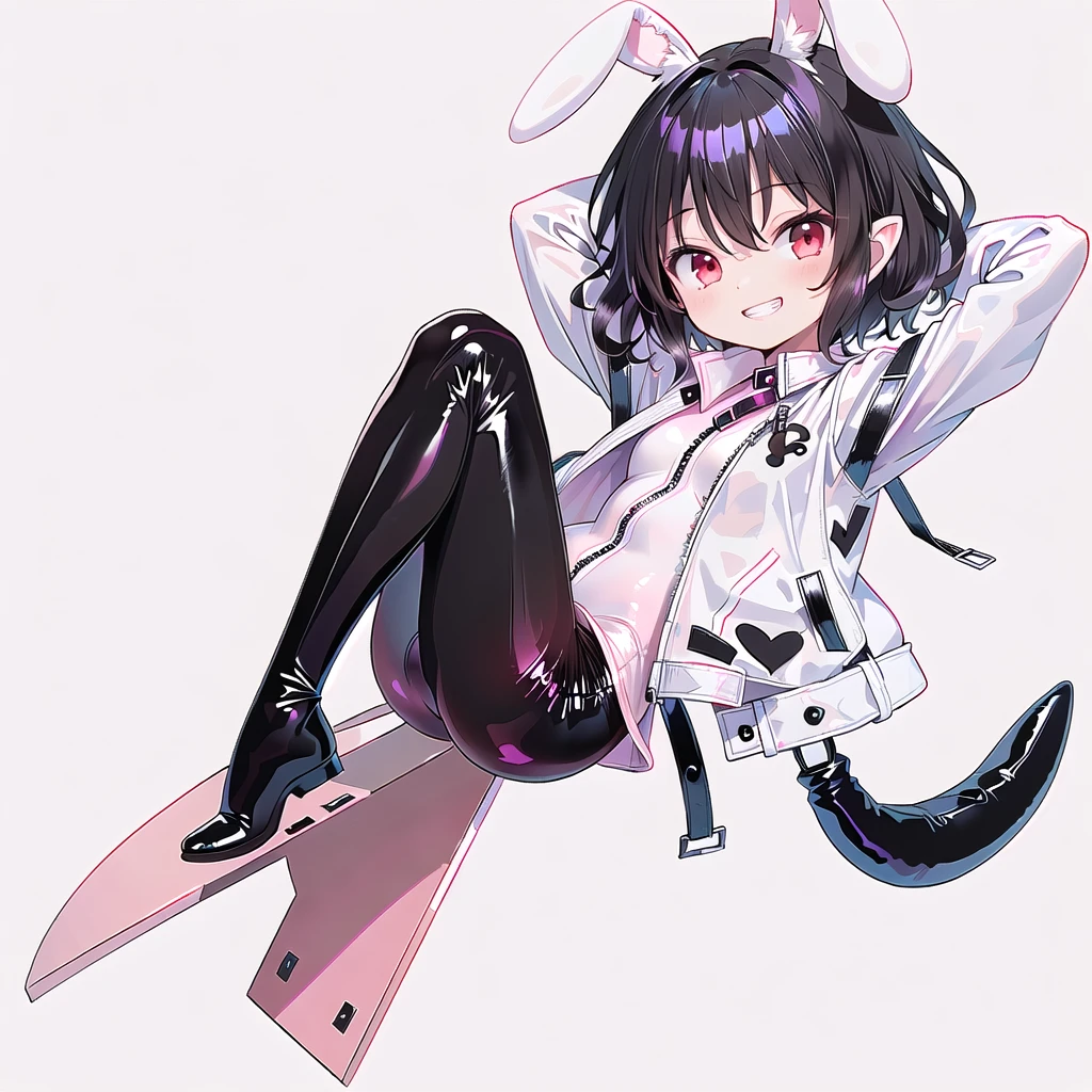 (((one girl))),(((inaba tewi))),((touhou),(((red eyes))),(rabbit girl),(((black hair,short hair,wavy hair))),(((white rabbit ears,white floppy ears))),(((Black leather jacket))),(((pink full bodysuit))),((latex)), (shiny clothes:1.2),(((grin))),(((full body))),(((arm behind head))),((((simple white background))),(((Side angle)))