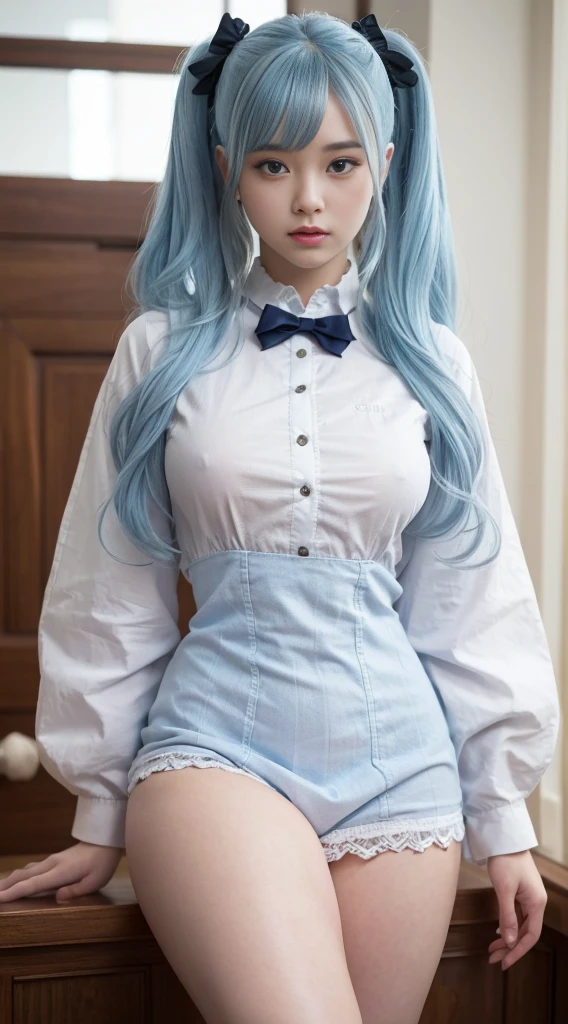 Highest quality、Highest quality、16k quality、Highly detailed figure、Highly detailed face、Highly detailed eyes、Highly detailed nose、Highly detailed facial expressions、Highly detailed costume、Highly detailed hourglass shape、Highly detailed feet、Highly detailed thighs、Being in reality、、Light blue hair、Twin tails、Noel Silva、main character、、He wears a long white chemist&#39;s lab coat, unbuttoned、You can see the shape of the chest、E Cup、Wearing a brown belt、Purple inner lining is visible、Folds、Purple Very Short Skirt、A long white skirt on top、Only the front is cut、White tights、Close to the skin、Tight、Full body photo、Are standing、Emphasizes the beauty of thigh muscles、Full body photo、Front view、