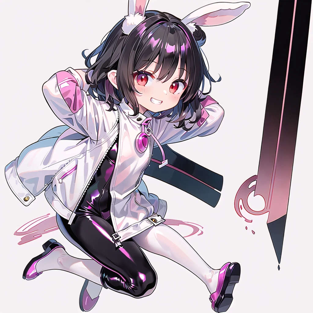 (((one girl))),(((inaba tewi))),((touhou),(((red eyes))),(rabbit girl),(((black hair,short hair,wavy hair))),(((white rabbit ears,white floppy ears))),(((Black leather jacket))),(((pink full bodysuit))),((latex)), (shiny clothes:1.2),(((grin))),(((full body))),(((arm behind head))),((((simple white background))),(((Diagonal angle)))