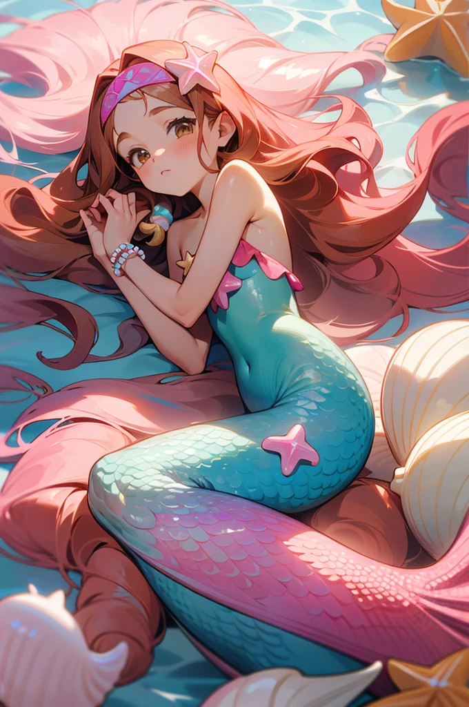 mermaid with pink tail, long caramel hair, caramel hair, brown eyes, wears a pink seashell decorated top, wears small seashell accessories and pearl beads decorating tail, wears a pink headband with seashells and starfish on it, caramel hair