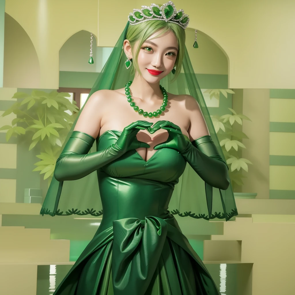 Emerald tiara, Green Pearl Necklace, ボーイッシュな非常に短いGreen Hair, Green Lips, Smiling Japanese woman, Very short hair, Busty beautiful lady, Green Eyes, Green satin long gloves, Green Eyes, Emerald Earrings, Green veil, Heart with both hands, Green Hair, Beautiful Japanese Woman, Heart shaped hands:1.3, green lip gloss