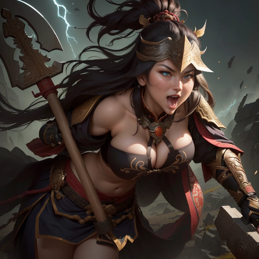 a woman with a large axe and a feathered head, inspired by Hu Zaobin, berserker potrait, guan yu, bian lian, sun wukong, mongol, inspired by Huang Shen, inspired by Li Gonglin, tai warlord, inspired by Wu Bin, wukong, inspired by Li Kan, naranbaatar ganbold, Highly detailed CG unit 8k wallpaper, masterpiece, High resolution, highest quality, highest quality real texture skin, Super Real, Digital Painting, Best image quality, 最High resolution, 8k, ((Highly detailed eyes and face, Beautiful eyes every detail)), 1girl, Full Body Shot, Saggy breasts, Gravity-dependent breasts, long chest, Heavy chest, disproportionate breasts, huge breasts, sagging breasts, gigantic breasts, erect nipple, Cleavage cut out, Look away, Gazing into the distance, ((open your mouth wide, stick out tongue, ahegao)), (evil smile, madness, 遠くをにらむ, 遠くを見つめる),