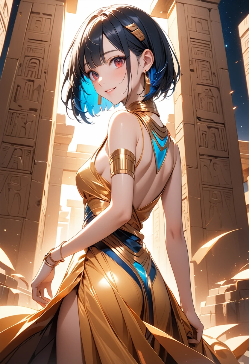 sexy, (masterpiece:1.3, 64k), intrincate details, (highly detailed), ai-generated, cinematic lighting, shading, (best quality), absurd, UHD, (ultra high-resolution), ultra-detailed, cgi, (lineart), clear, vibrant colour, shadow, contrast, refraction, perspective, depth, (depth of field), light particles, (hyper detailed), elaborated features, (volumetric lighting), BREAK 1girl, (25 years old), solo, (perfect anatomy), short hair, black hair, (colored inner hair, (blue hair:0.9)), front hair bob cut, (bob_cut:1.3), (super detailed hair), (dark_skin:1.2), (red eyes:1.2, extremely delicate eyes:1.3, beautiful eyes, super detailed pupils, eyelashes), (super detailed skin), (perfect face, beautiful face:1.1), glossy lips, (medium breasts:1.1, pointy_breasts:1.3), (slender body, thin waist, medium hips), BREAK (egyptian dress, golden dress:1.2), (earrings), BREAK (cute smile), (medium shot), back view, dynamic pose, dynamic angle, BREAK outdoors, (Hathor Temple, Ancient Egypt), (Night:1.5), BREAK beautiful girl, vivid color, sharp focus, perfect hands, perfect light, dutch angle, sexy,Shiny costumes, erect nipples,