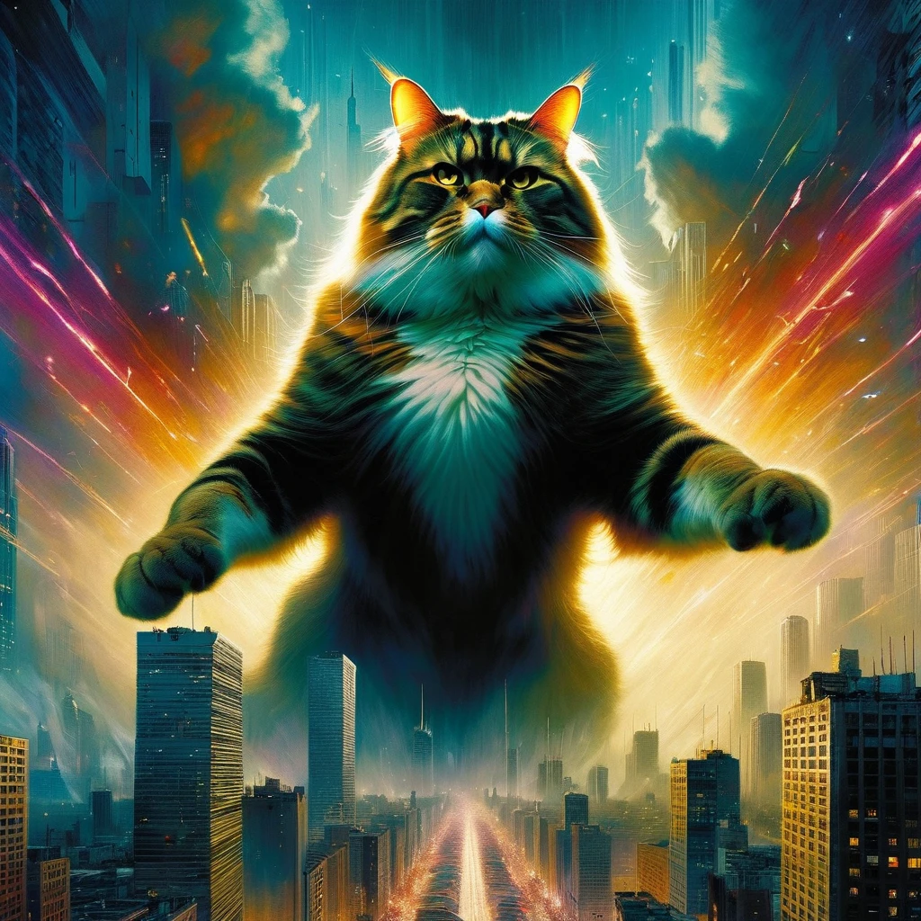 a massive cat towering over a city, destroying buildings, (art inspired by Bill Sienkiewicz), oil painting, realistic, cinematic, dramatic lighting, highly detailed, hyper-realistic, vibrant colors, moody atmosphere, (best quality,4k,8k,highres,masterpiece:1.2),ultra-detailed,(realistic,photorealistic,photo-realistic:1.37)
