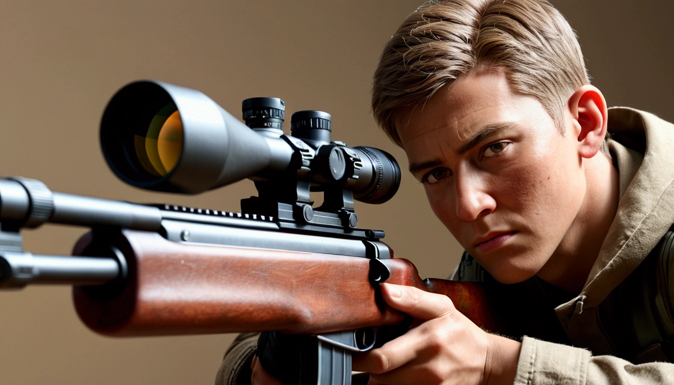 1boy, middle aged Sniper, he holds sniper rifle, prone, from side, looking at viewer, cinematic angle, realistic, hyper-realistic, photorealistic, (best quality,4k,8k,highres,masterpiece:1.2),ultra-detailed,(realistic,photorealistic,photo-realistic:1.37),studio lighting,vivid colors,dramatic lighting,