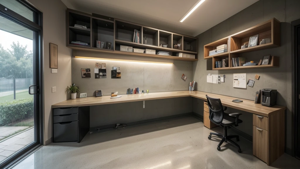 wall of a home office, very modern, burnt cement floor, with a shelf with sports items such as balls and trophies, some books, led lighting, very young