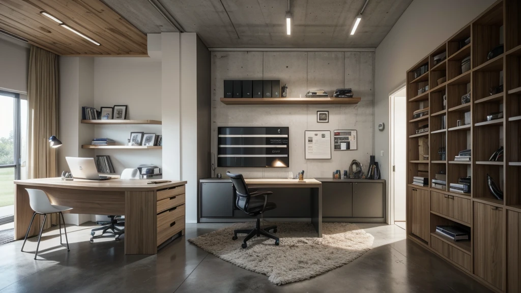wall of a home office, very modern, burnt cement floor, with a shelf with sports items such as balls and trophies, some books, led lighting, very young