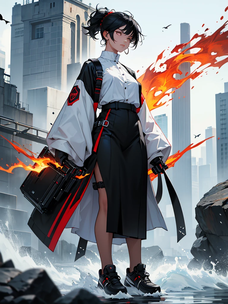 One with a black butterfly, white and black hair, grid eyes, better mouth, red nose, beautiful clothes, black top, white and black, behind her there is fire and water, she has firepower, she is standing, her shoes are black and white, she has grid earrings, she has black and white fringe behind her has rising water and fire