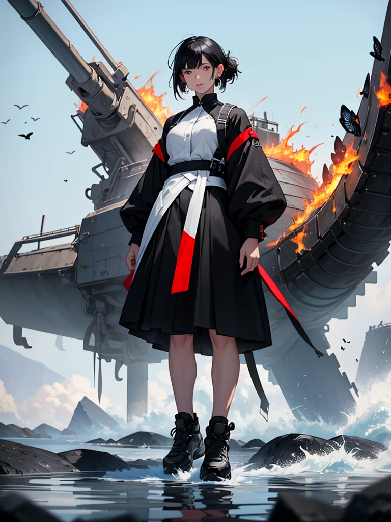 One with a black butterfly, white and black hair, grid eyes, better mouth, red nose, beautiful clothes, black top, white and black, behind her there is fire and water, she has firepower, she is standing, her shoes are black and white, she has grid earrings, she has black and white fringe behind her has rising water and fire