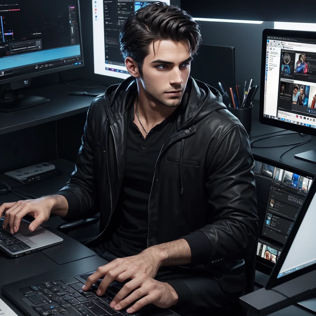 Handsome man using his pc editing videos for his youtube channel dark mod