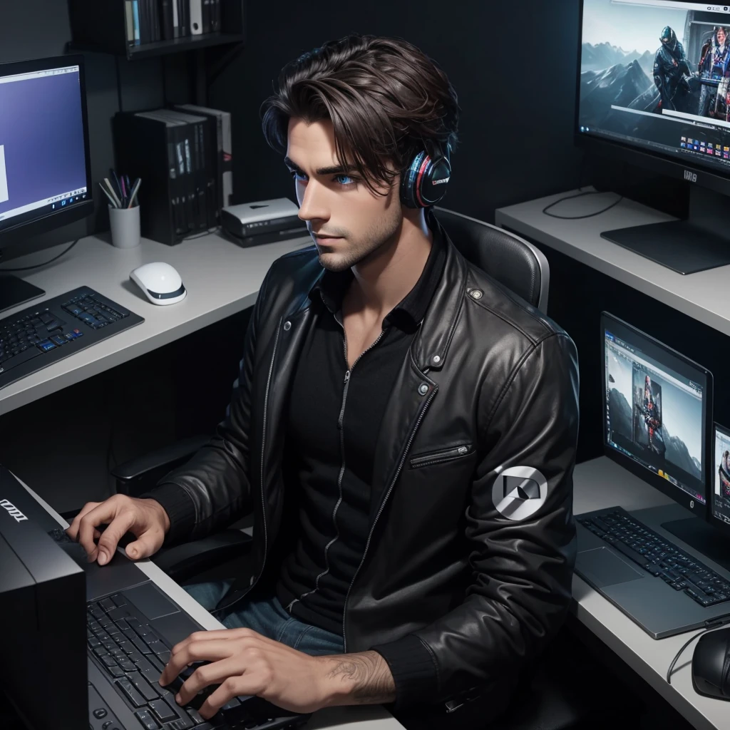 Handsome man using his pc editing videos for his youtube channel dark mod