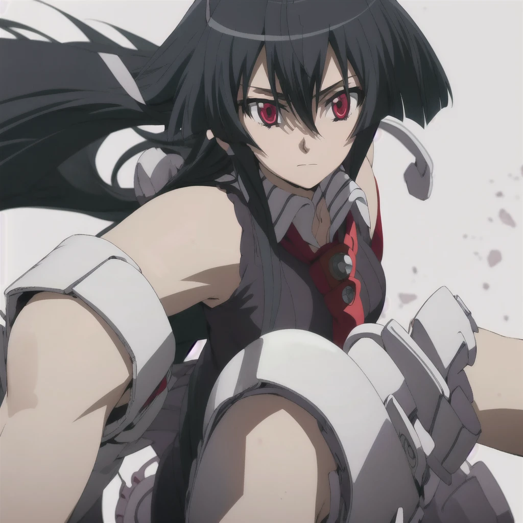 solo, 1girl, looking at viewer, 2D, anime, anime coloring, upper body, (solid white background:1.3), akame, necktie, sleeveless, looking at viewer, closed mouth