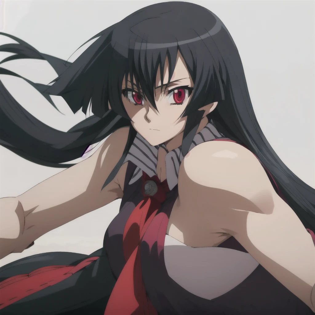 solo, 1girl, looking at viewer, 2D, anime, anime coloring, upper body, (solid white background:1.3), akame, necktie, sleeveless, looking at viewer, closed mouth