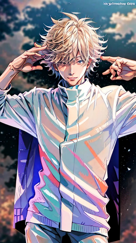 (Masterpiece), (Best Quality), (ultra detailed),(messy hair),(illustration), Satoru Gojo at an event in an elegant white suit 