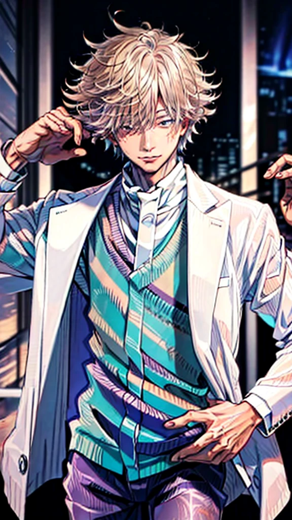 (Masterpiece), (Best Quality), (ultra detailed),(messy hair),(illustration), Satoru Gojo at an event in an elegant white suit 