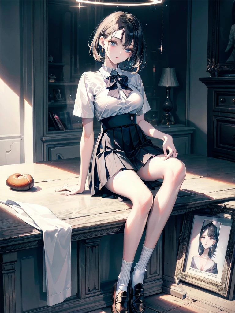 absurdres, RAW photo, extremely delicate and beautiful, masterpiece, Best Quality, ultra high resolution, 32k, hyperrealistic, ultra-detailed, perfect anatomy, super Detailed skin, perfect figure, Super Beauty, Perfect Style, Perfect balance, Beautiful Lighting, Perfect Lightning, Realistic Shadows, 20 years old, very Slim body, narrow waist, very small head, very small face, delicate facial features, handsome detailed woman, very detailed eyes and face, realistic face proportions, Realistic beautiful face, Realistic beautiful eyes, tearful mole, earring, very huge round breasts, legs, medium hair, whole body shot, indoor, school_uniform, shirt, pleated skirt, socks, loafers,
