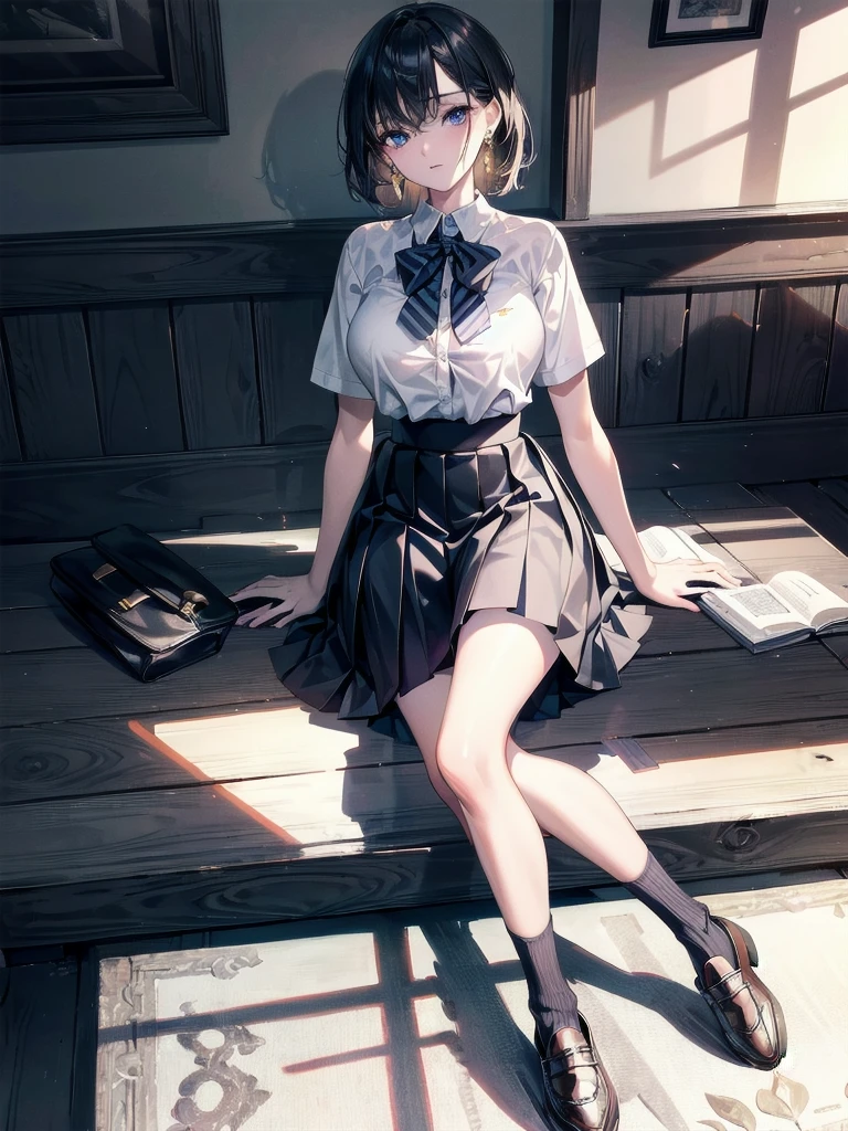 absurdres, RAW photo, extremely delicate and beautiful, masterpiece, Best Quality, ultra high resolution, 32k, hyperrealistic, ultra-detailed, perfect anatomy, super Detailed skin, perfect figure, Super Beauty, Perfect Style, Perfect balance, Beautiful Lighting, Perfect Lightning, Realistic Shadows, 20 years old, very Slim body, narrow waist, very small head, very small face, delicate facial features, handsome detailed woman, very detailed eyes and face, realistic face proportions, Realistic beautiful face, Realistic beautiful eyes, tearful mole, earring, very huge round breasts, legs, medium hair, whole body shot, indoor, school_uniform, shirt, pleated skirt, socks, loafers,