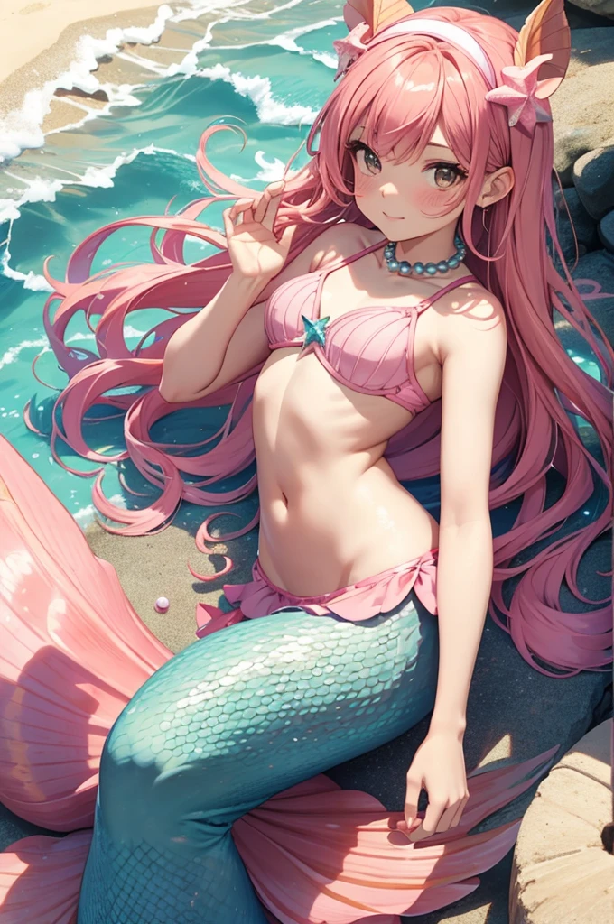 mermaid with pink tail, caramel hair, brown eyes, wears a pink seashell decorated top, wears small seashell accessories and pearl beads decorating tail, wears a pink headband with seashells and starfish on it