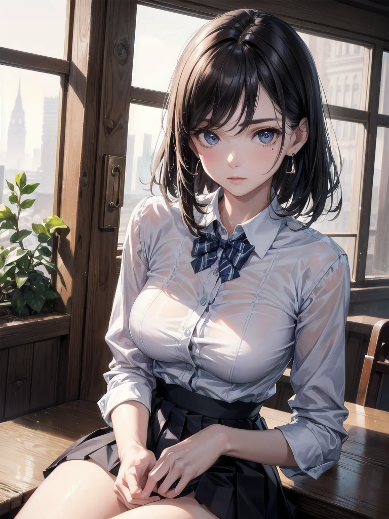 15 year old school girl , small breasts:1.5, short hair, sit in a chair, necklace, Detailed blue bra overlaid with clear transparent glass colored collared shirt, In the classroom, highest quality, masterpiece, (realism: 1.4)