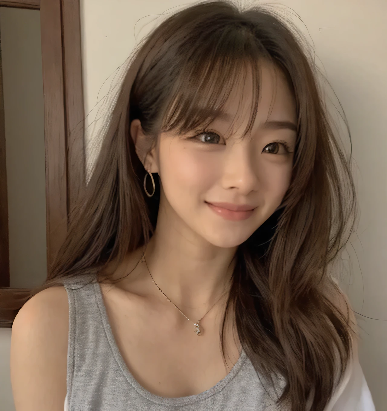 Wearing a grey tank top