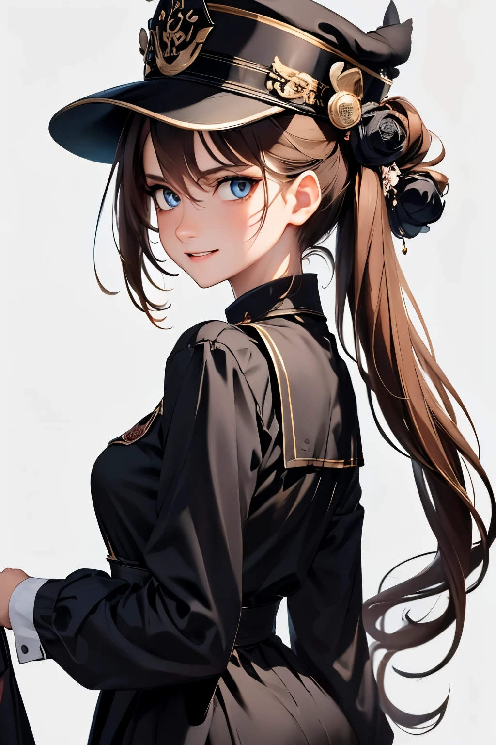 8620 (maitetsu),8620 (uniform),masterpiece, best quality, ultra-detailed, illustration,black dress,hat,looking back,:d,white background,((Eye highlights))