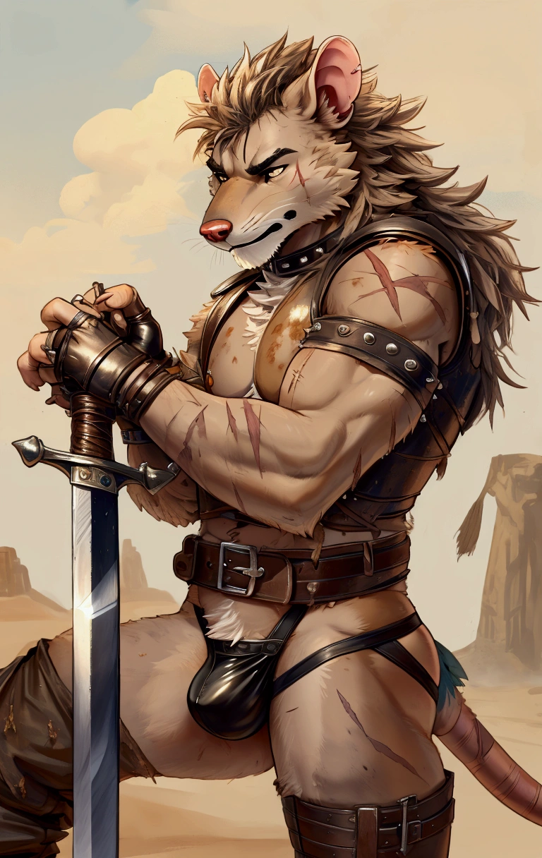 Solo Sexy young anthro furry rat male mercenary medieval solider, slim slim muscular, anthro handsome gay shorter muzzle, handsome gay model male apperance, sword scars, worn out leather skimpy armament, low on hips heavy leather belt, old very worn out skimpy dirty linen material jockstrap, old yellow dirty worn out stains on white sawn jockstrap, very visible "x" brown seam pattern on the jockstrap, studded skimpy armlets breastplate armor, skimpy breastplate, leather bondages, fingerless leather gloves, smelly unwashed furr, dirty body look, desert battlefield, standing in sexy fighting position, close view of full character