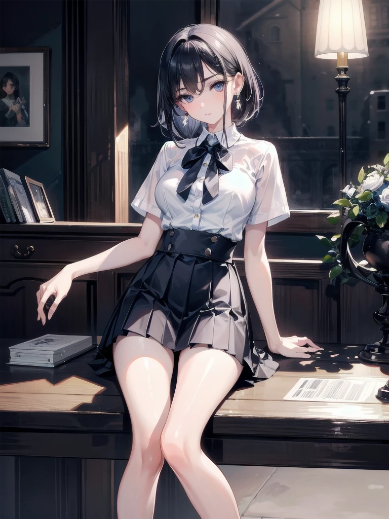 ((Biologically correct limb count)),(( From head to toe,Full-body photo including face)),4K,((Standing position)),masterpiece,((Focus on the face)),((Symmetrical facial features)),Eyes with detailed description,Beautiful woman,Great style,Beautiful arms,Beautiful legs,Beautiful Hands,(Small Ass,Thin thighs),Detailed depiction of the face,Small earrings,necklace,(Latex sailor suit,mini skirt((High heels,Patterned stockings))),Realistic photo,Short Hair,Stand at an angle