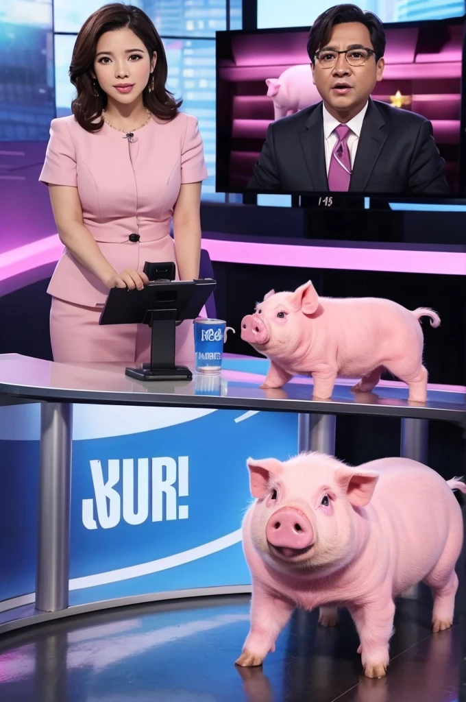 The news anchor is a pink pig　Animated　front　