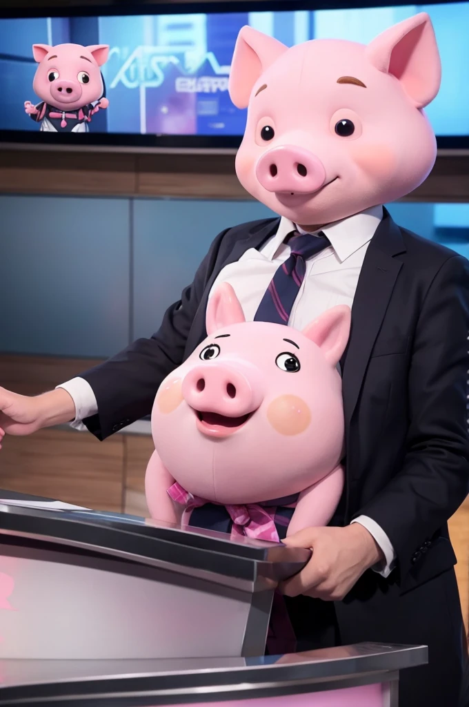 The news anchor is a pink pig　Animated　front　