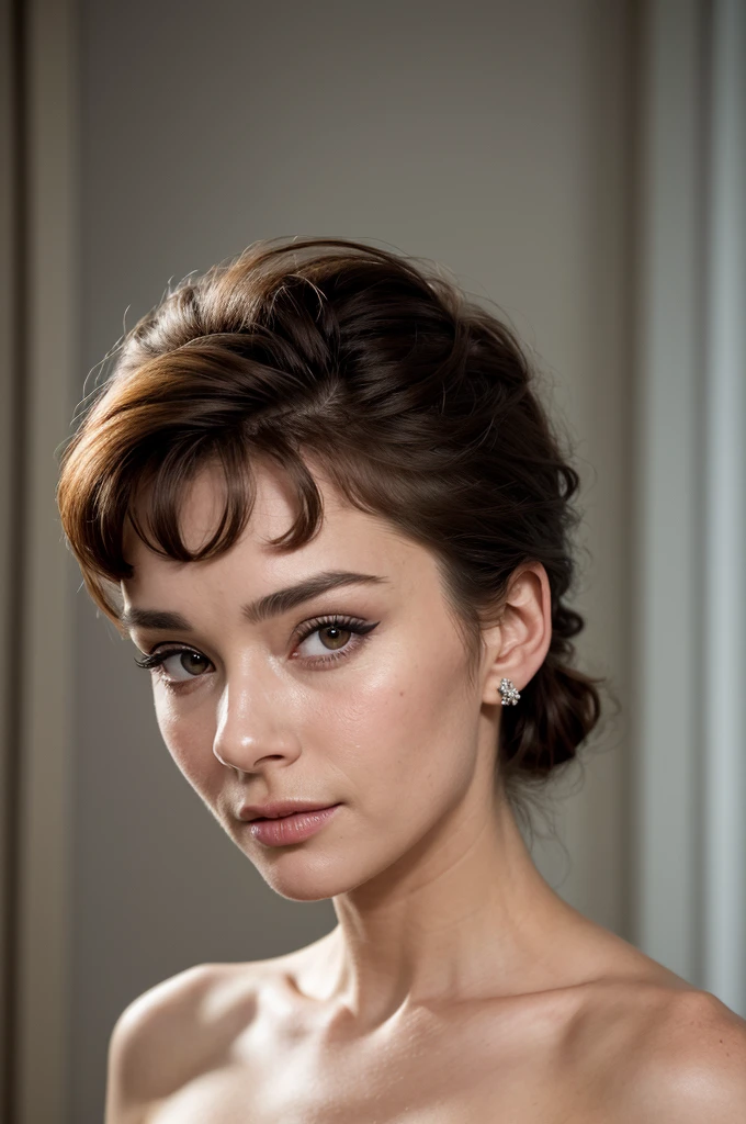((best quality, exceptional visual quality)), ((better skin texture, premium material)), ((upper body portrait)), (a hollywood starlet, similar to audrey hepburn, sex symbol darling), the actress who got the role of holly golightly for the remake because of her good looks reminiscent of audrey hepburn, short hair, short blunt bangs, (eye makeup, eyeliner), strapless bustier, promotional photoshoot in the character of holly golightly with elements of softcore porn
