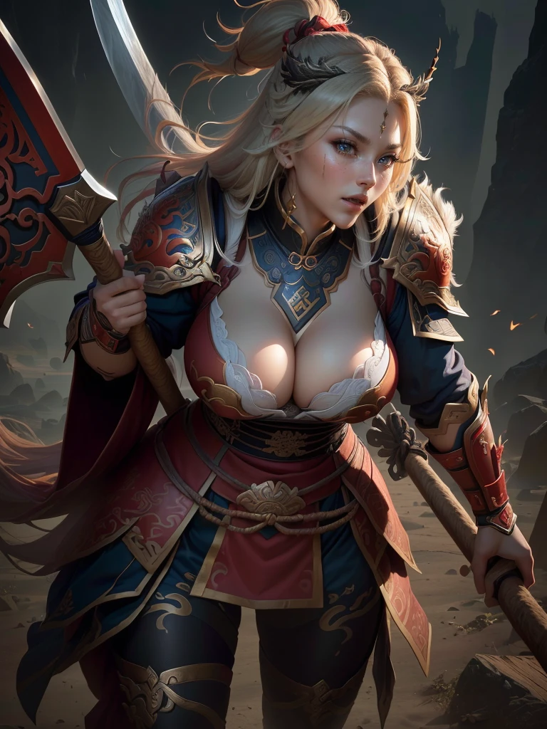 a woman with a large axe and a feathered head, inspired by Hu Zaobin, berserker potrait, guan yu, bian lian, sun wukong, mongol, inspired by Huang Shen, inspired by Li Gonglin, tai warlord, inspired by Wu Bin, wukong, inspired by Li Kan, naranbaatar ganbold, Highly detailed CG unit 8k wallpaper, masterpiece, High resolution, highest quality, highest quality real texture skin, Super Real, Digital Painting, Best image quality, 最High resolution, 8k, ((Highly detailed eyes and face, Beautiful eyes every detail)), 1girl, Full Body Shot, Saggy breasts, Gravity-dependent breasts, long chest, Heavy chest, disproportionate breasts, huge breasts, sagging breasts, gigantic breasts, erect nipple, Cleavage cut out, Look away, Gazing into the distance, ((open your mouth wide, stick out tongue, ahegao)), (evil smile, madness, 遠くをにらむ, 遠くを見つめる),