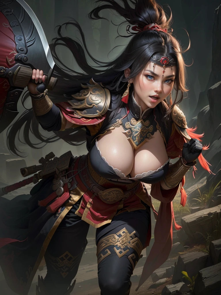 a woman with a large axe and a feathered head, inspired by Hu Zaobin, berserker potrait, guan yu, bian lian, sun wukong, mongol, inspired by Huang Shen, inspired by Li Gonglin, tai warlord, inspired by Wu Bin, wukong, inspired by Li Kan, naranbaatar ganbold, Highly detailed CG unit 8k wallpaper, masterpiece, High resolution, highest quality, highest quality real texture skin, Super Real, Digital Painting, Best image quality, 最High resolution, 8k, ((Highly detailed eyes and face, Beautiful eyes every detail)), 1girl, Full Body Shot, Saggy breasts, Gravity-dependent breasts, long chest, Heavy chest, disproportionate breasts, huge breasts, sagging breasts, gigantic breasts, erect nipple, Cleavage cut out, Look away, Gazing into the distance, ((open your mouth wide, stick out tongue, ahegao)), (evil smile, madness, 遠くをにらむ, 遠くを見つめる),