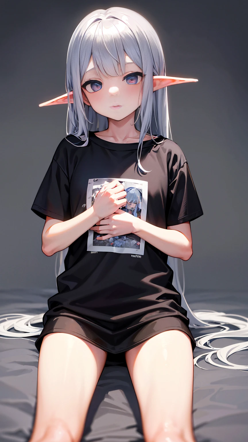 Elf Girl、8-year-old、Medium-long silver hair、Silver Eyes、Just a big black T-shirt、Short sleeves、Other than that, I don't wear anything else、She's not even wearing bottoms、barefoot、Seductive expression、whole body、Standing posture