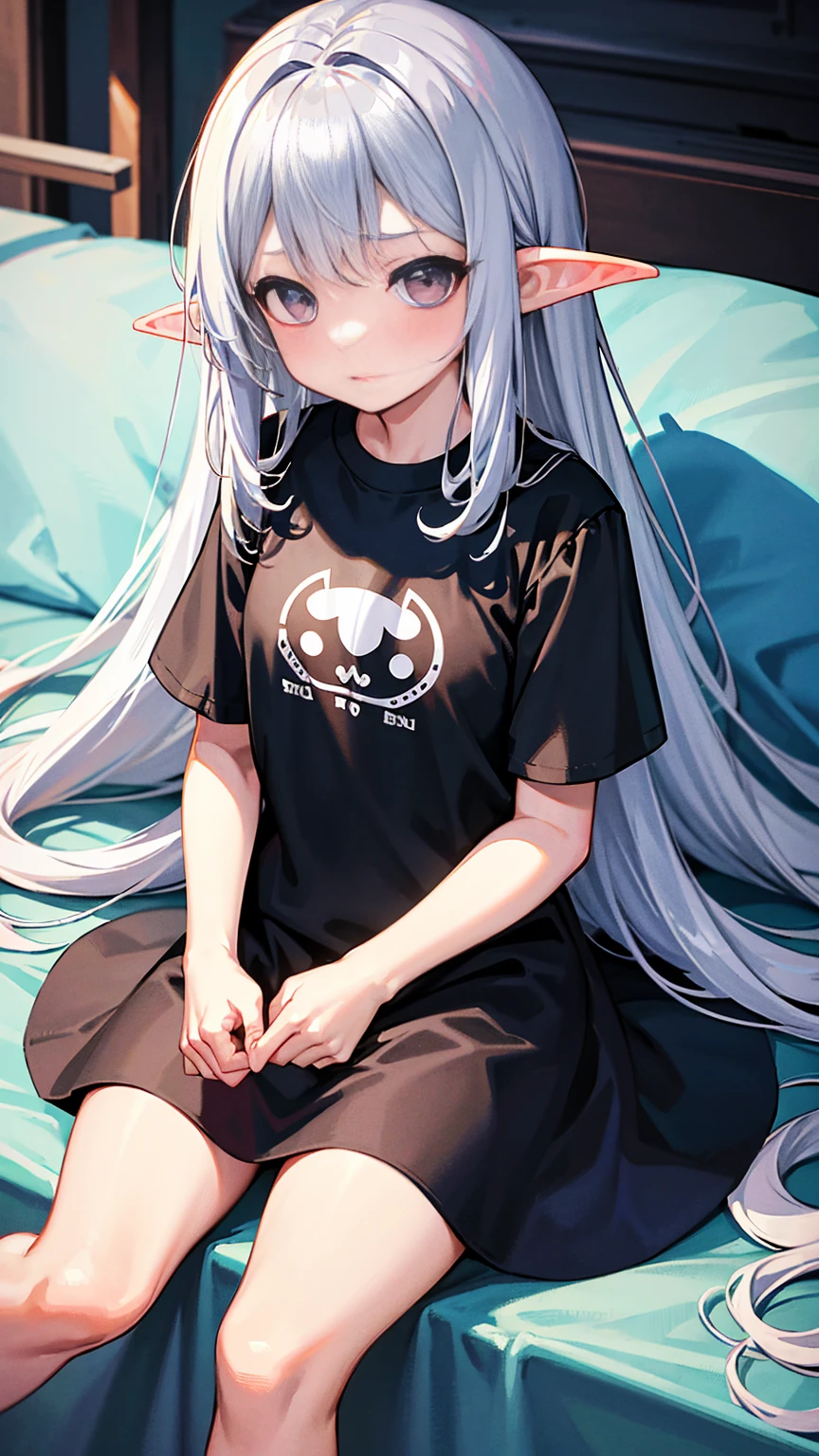 Elf Girl、8-year-old、Medium-long silver hair、Silver Eyes、Just a big black T-shirt、Short sleeves、Other than that, I don't wear anything else、She&#39;s not even wearing bottoms、barefoot、Seductive expression、whole body、Standing posture