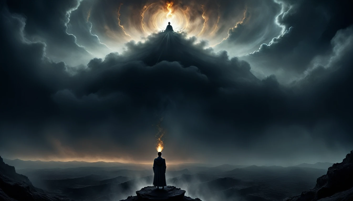 The art should be digital and contain surreal elements. In the center of the image, place a person looking at the horizon surrounded by a smoke energy,dark image, feelings of déjà vu,,past lives sensation in soul xilogravura style,dark images,spiritual feeling looking to spiritual universe,dark style