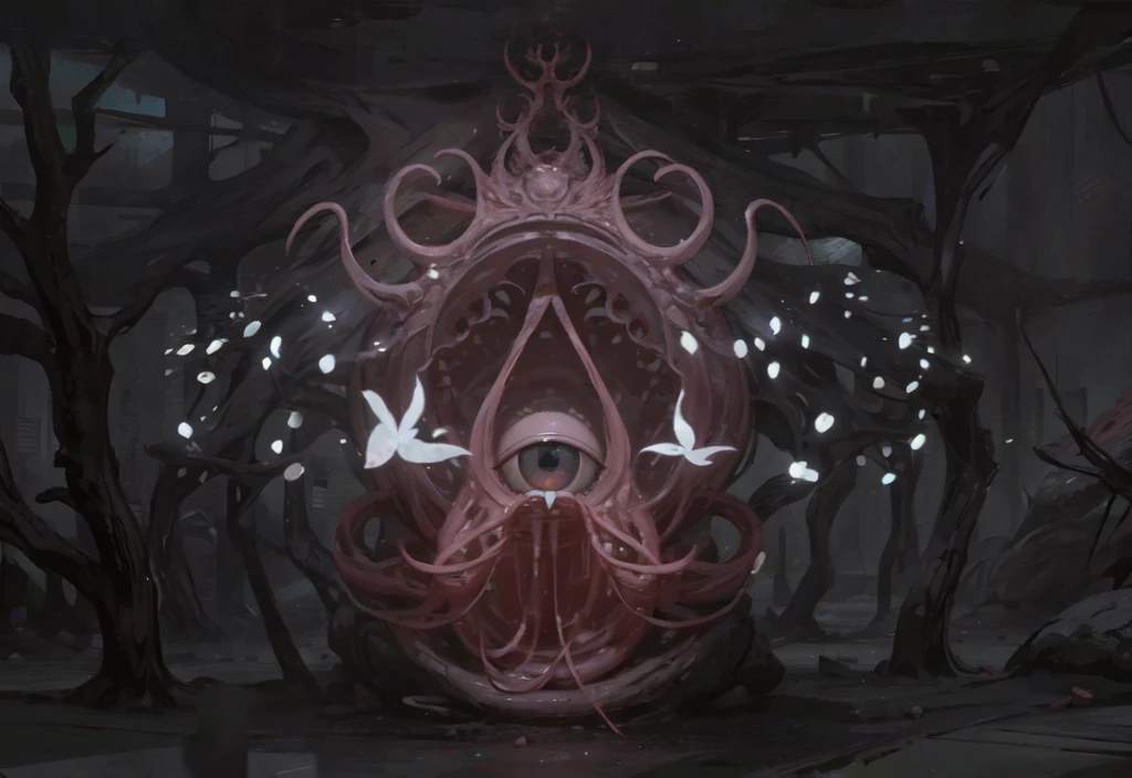 leogirl, seraphins, mystical creature with hundreds of eyes and wings, with the shape of a giant ring, circular hoops around body, massive size, angelical lights <lora:Seraphins1.0-000038:0.8>