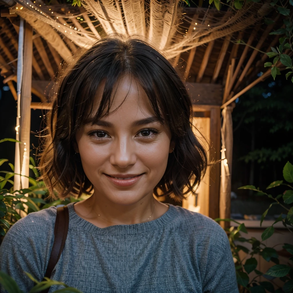On a beautiful night, under the soft glow of the stars, a 45 year old woman is smiling in front of a small rural house. She exudes a peaceful joy, your smile reflecting the peace of the surrounding environment. At home, simple and cozy, is surrounded by lush vegetation, creating a serene and welcoming scene. the night sky, dotted with stars, adds a magical touch to the scene, making the moment even more special. 8K ultra realistic portrait.