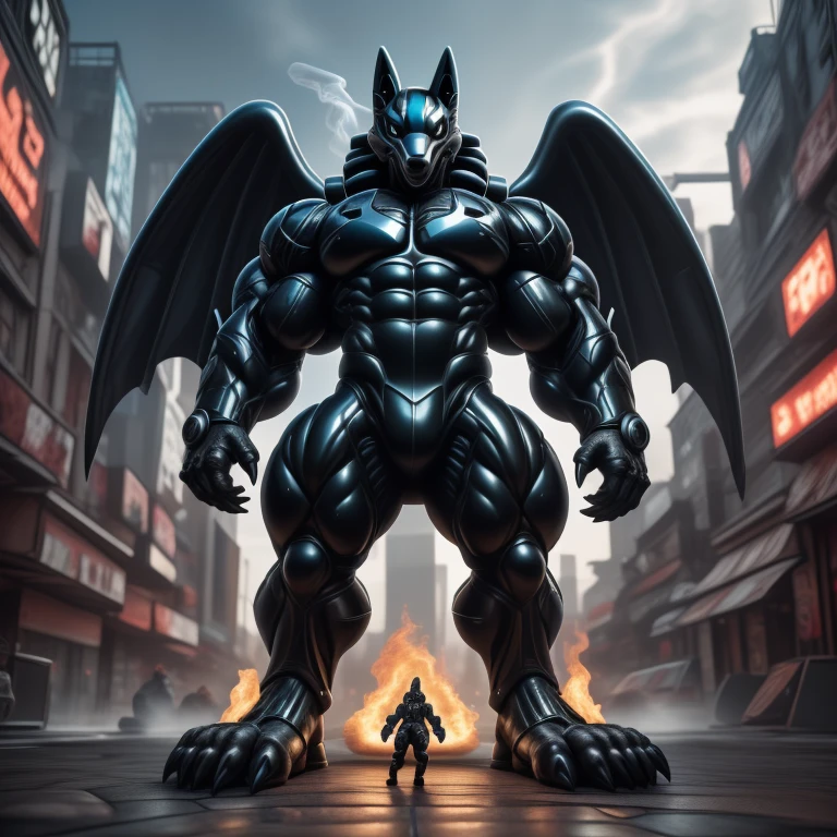 (masterpiece. official art. 8k. best quality. detailed full body. full body.)
(situation 1 : dominating mega lucario. focus GIANT mechanical Muscular mega lucario is trampling the CITY. macro. stomp. Low-angle perspective. emphasizing the immense size. The perspective is from below, emphasizing the sheer majesty and power of the Giant. giant art. He is much bigger than a skyscraper. Giga Giants. micro soccer field. looking down.)

(situation 2 :smoke and flames rising from the destruction in the city)

(Additional details 1: wearing a full-face helmet. helmet is jet black. The color of NANOSUIT is jet black. high-tech bio-mecha armor. real texture material. whole body shines like metal. Wearing cyberpunk mecha. emphasizes the muscles. suit fully made of metal. intricate armor. Robotic suit. suit fully made of metal. no face.). (mega lucario has 5 toes.) Wearing a Full Face Toxic Gas Mask. no blue.
An arrogant expression.
smile at the corner of your mouth.

(Additional details 2: (Detailed head. Detailed Body. Detailed abs. gigantic muscles. HYPER MUSCLES. Gigachad Muscular. big muscle. pecs. triceps. traps. unusually developed muscular body. body full of huge muscles. showing off muscles. pectorales enormes. Exaggeratedly huge muscles. huge muscles. long legs.).

(Additional details 3: nj5furry, Spread wings. It has wings. black have big wings. The claws are sharp. Sharp teeth.5 toes.).  Wearing a Full Face Toxic Gas Mask. 