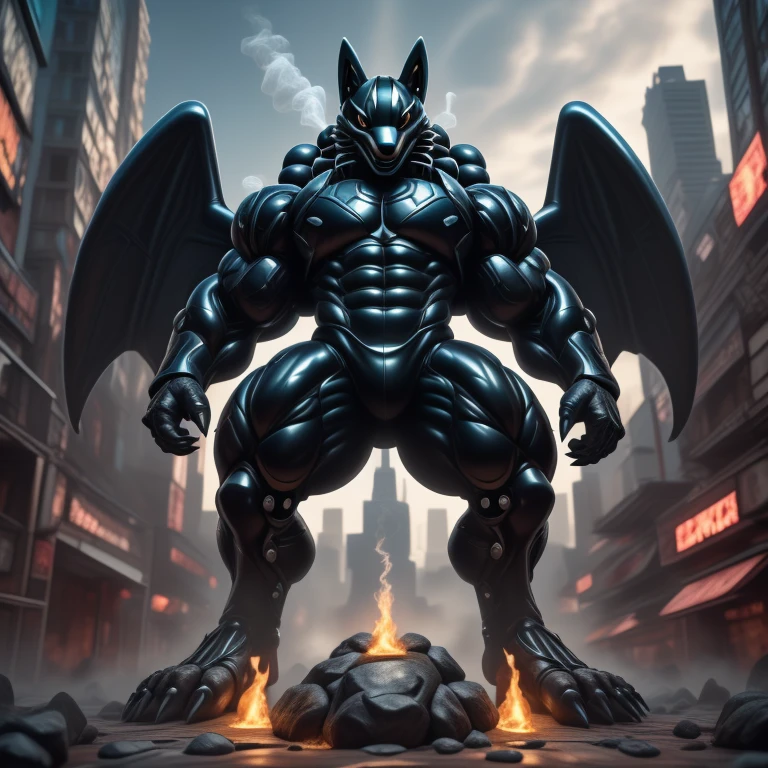 (masterpiece. official art. 8k. best quality. detailed full body. full body.)
(situation 1 : dominating mega lucario. focus GIANT mechanical Muscular mega lucario is trampling the CITY. macro. stomp. Low-angle perspective. emphasizing the immense size. The perspective is from below, emphasizing the sheer majesty and power of the Giant. giant art. He is much bigger than a skyscraper. Giga Giants. micro soccer field. looking down.)

(situation 2 :smoke and flames rising from the destruction in the city)

(Additional details 1: wearing a full-face helmet. helmet is jet black. The color of NANOSUIT is jet black. high-tech bio-mecha armor. real texture material. whole body shines like metal. Wearing cyberpunk mecha. emphasizes the muscles. suit fully made of metal. intricate armor. Robotic suit. suit fully made of metal. no face.). (mega lucario has 5 toes.) Wearing a Full Face Toxic Gas Mask. no blue.
An arrogant expression.
smile at the corner of your mouth.

(Additional details 2: (Detailed head. Detailed Body. Detailed abs. gigantic muscles. HYPER MUSCLES. Gigachad Muscular. big muscle. pecs. triceps. traps. unusually developed muscular body. body full of huge muscles. showing off muscles. pectorales enormes. Exaggeratedly huge muscles. huge muscles. long legs.).

(Additional details 3: nj5furry, Spread wings. It has wings. black have big wings. The claws are sharp. Sharp teeth.5 toes.).  Wearing a Full Face Toxic Gas Mask. 