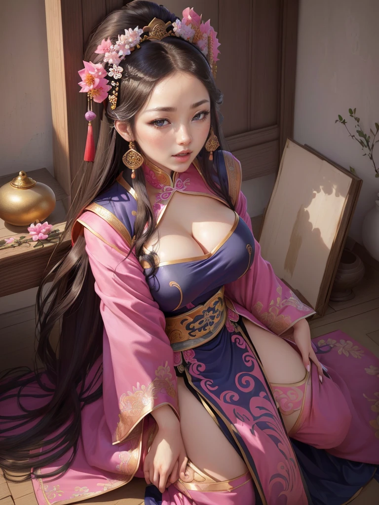 Painting of a woman in a pink and blue dress, Beautiful Fantasy Empress, ancient Chinese Princess, Beautiful character drawings, Chinese Princess, palace, Girl in Han Dress, Princess of an ancient Asian dynasty, Ancient Chinese Beauties, Inspired by Run In, Beautiful and attractive anime woman, Beautiful Fantasy Empress, Beautiful renderings of the Tang Dynasty, Beautiful oriental woman, Empress of China, Highly detailed CG unit 8k wallpaper, masterpiece, High resolution, highest quality, highest quality real texture skin, Super Real, Digital Painting, Best image quality, 最High resolution, 8k, ((Highly detailed eyes and face, Beautiful eyes every detail)), (wariza, seiza, from front, girl sitting, sit on the floor), huge breasts, gigantic breasts, disproportionate breasts, huge breasts, gigantic breasts, open your mouth, erect nipple,