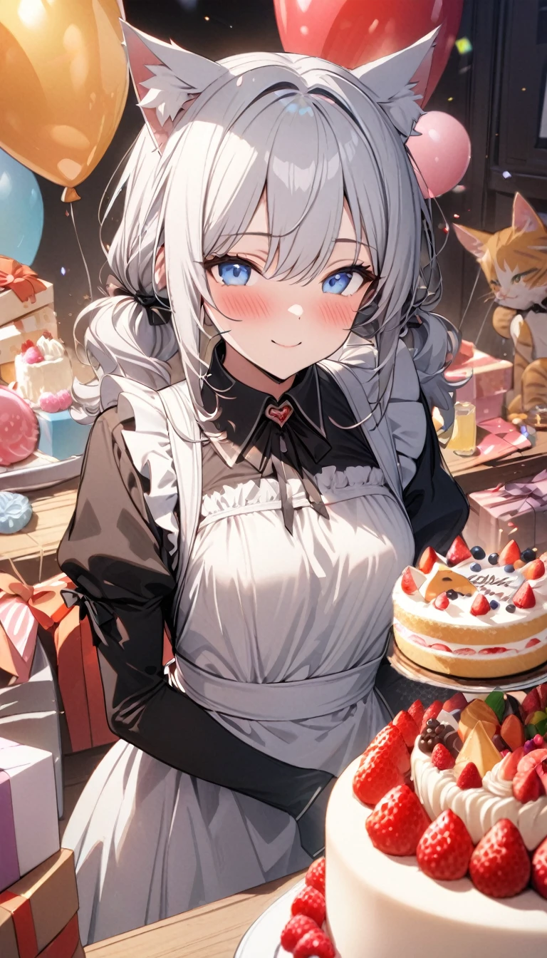 (((best quality)), ((masterpiece)), (details), masterpiece, best quality, high quality, ulutra detailed, perfect face, ((1girl, blue eyes, cat ears: 1.3 silver hair: 2.5,)) 、Shiny Hair、Glowing Skin、blush、Lustful look、smile、Maid clothes、Short Twin Tails、Small breasts、3Tiered whole cake、celebration、Cakes, sweets, snacks and fruits lined up on the table、celebrationパーティー、A background with lots of presents and balloons