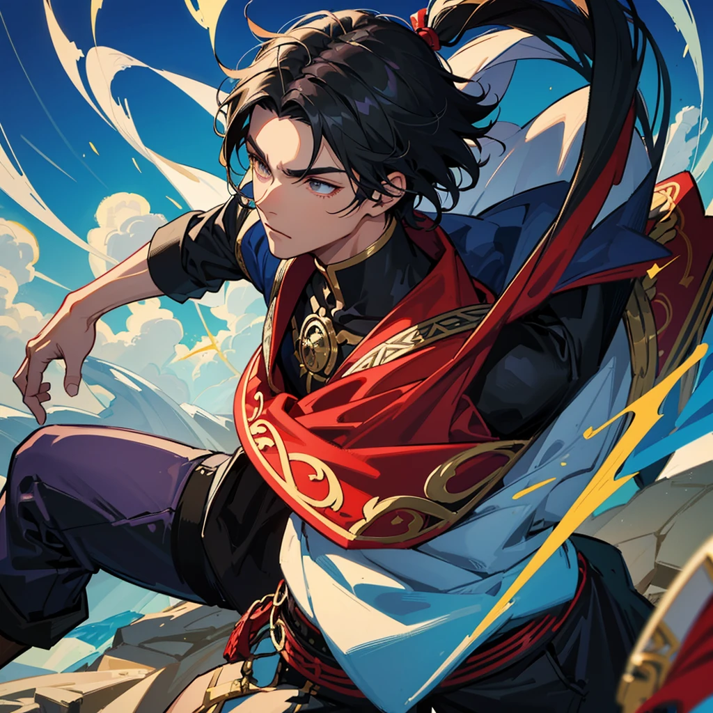 Create a muscular swordsman boy, attractive, black hair with somewhat dark skin, a military suit with bright and colorful colors inspired by pre-Hispanic clothing and circular lenses. All in a style as if it were a genshin impact character 