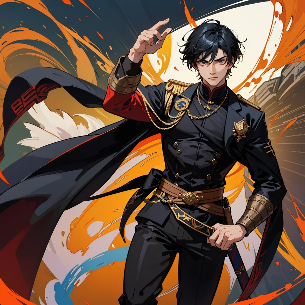 Create a muscular swordsman boy, attractive, black hair with somewhat dark skin, a military suit with bright and colorful colors inspired by pre-Hispanic clothing and circular lenses. All in a style as if it were a genshin impact character