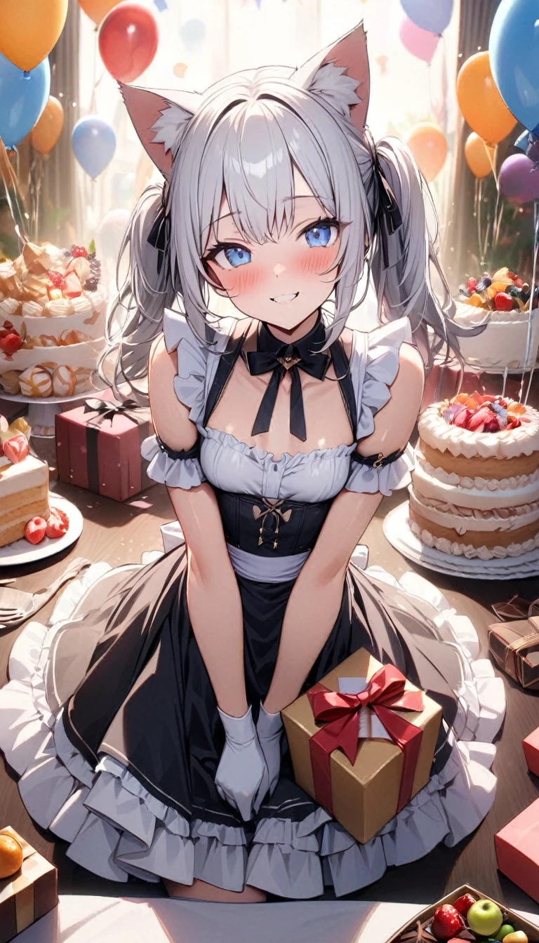 (((best quality)), ((masterpiece)), (details), masterpiece, best quality, high quality, ulutra detailed, perfect face, ((1girl, blue eyes, cat ears: 1.3 silver hair: 2.5,)) 、Shiny Hair、Glowing Skin、blush、Lustful look、smile、Maid clothes、Short Twin Tails、Small breasts、3Tiered whole cake、celebration、Cakes, sweets, snacks and fruits lined up on the table、celebrationパーティー、A background with lots of presents and balloons