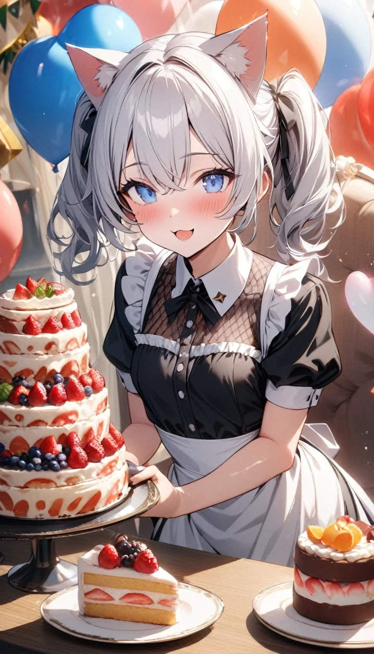 (((best quality)), ((masterpiece)), (details), masterpiece, best quality, high quality, ulutra detailed, perfect face, ((1girl, blue eyes, cat ears: 1.3 silver hair: 2.5,)) 、Shiny Hair、Glowing Skin、blush、Lustful look、smile、Maid clothes、Short Twin Tails、Small breasts、3Tiered whole cake、celebration、Cakes, sweets, snacks and fruits lined up on the table、celebrationパーティー、A background with lots of presents and balloons