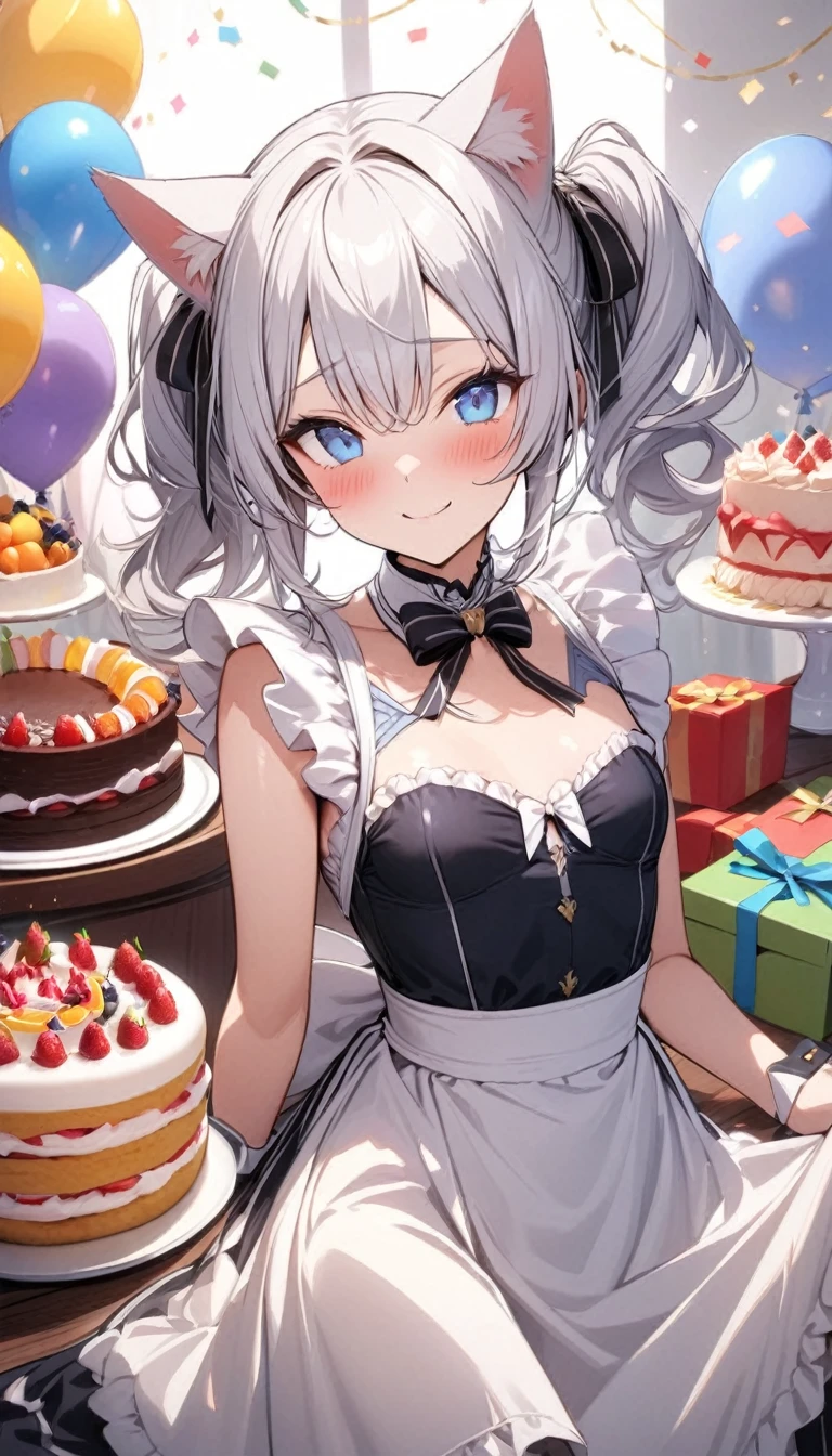 (((best quality)), ((masterpiece)), (details), masterpiece, best quality, high quality, ulutra detailed, perfect face, ((1girl, blue eyes, cat ears: 1.3 silver hair: 2.5,)) 、Shiny Hair、Glowing Skin、blush、Lustful look、smile、Maid clothes、Short Twin Tails、Small breasts、３Tiered whole cake、celebration、Cakes, sweets, snacks and fruits lined up on the table、celebrationパーティー、A background with lots of presents and balloons