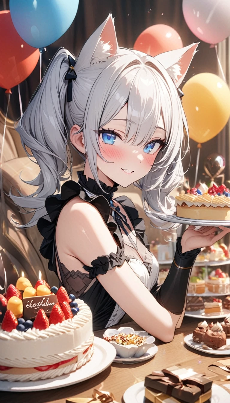 (((best quality)), ((masterpiece)), (details), masterpiece, best quality, high quality, ulutra detailed, perfect face, ((1girl, blue eyes, cat ears: 1.3 silver hair: 2.5,)) 、Shiny Hair、Glowing Skin、blush、Lustful look、smile、Maid clothes、Short Twin Tails、Small breasts、3Tiered whole cake、celebration、Cakes, sweets, snacks and fruits lined up on the table、celebrationパーティー、A background with lots of presents and balloons