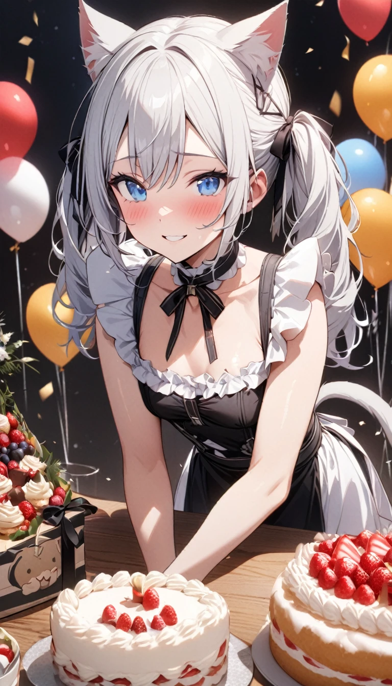 (((best quality)), ((masterpiece)), (details), masterpiece, best quality, high quality, ulutra detailed, perfect face, ((1girl, blue eyes, cat ears: 1.3 silver hair: 2.5,)) 、Shiny Hair、Glowing Skin、blush、Lustful look、smile、Maid clothes、Short Twin Tails、Small breasts、３Tiered whole cake、celebration、Cakes, sweets, snacks and fruits lined up on the table、celebrationパーティー、A background with lots of presents and balloons