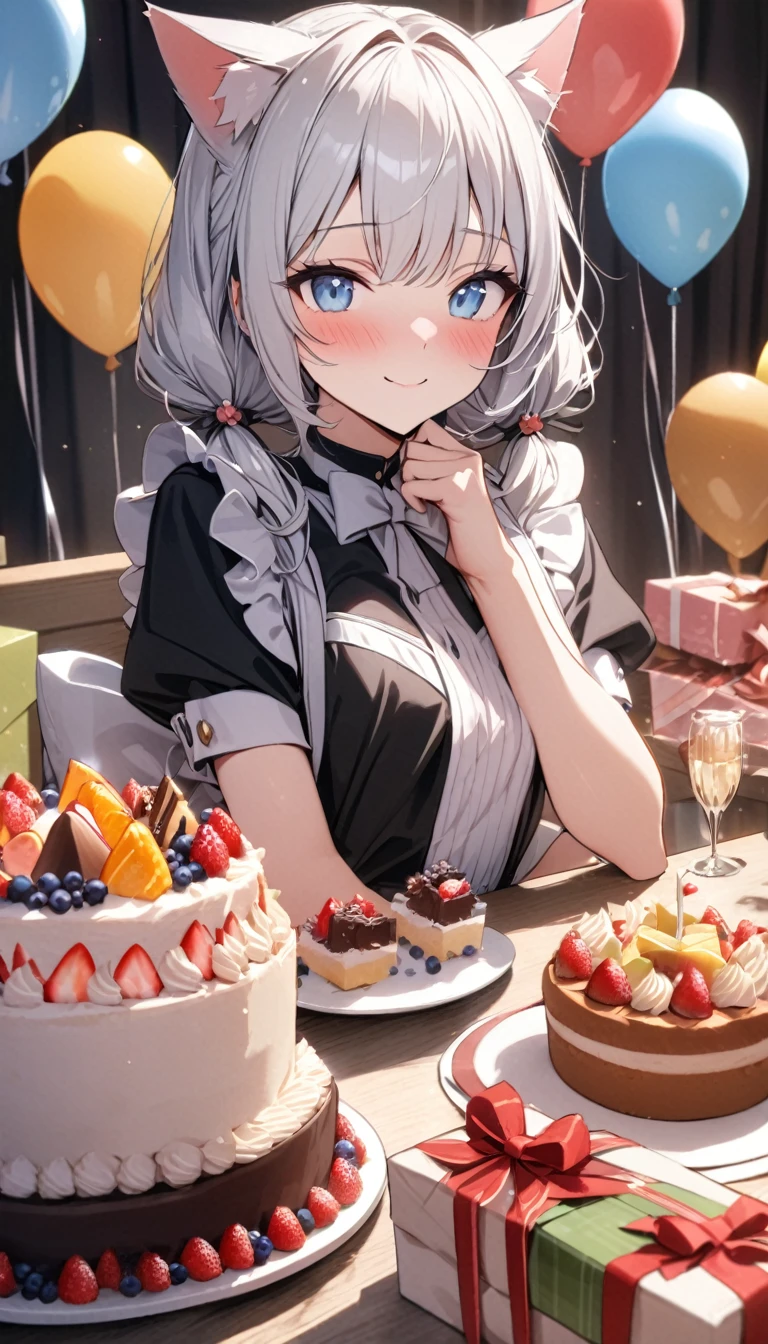 (((best quality)), ((masterpiece)), (details), masterpiece, best quality, high quality, ulutra detailed, perfect face, ((1girl, blue eyes, cat ears: 1.3 silver hair: 2.5,)) 、Shiny Hair、Glowing Skin、blush、Lustful look、smile、Maid clothes、Short Twin Tails、Small breasts、3Tiered whole cake、celebration、Cakes, sweets, snacks and fruits lined up on the table、celebrationパーティー、A background with lots of presents and balloons